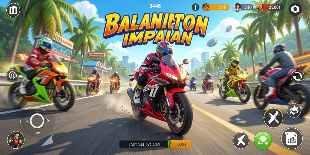 Screenshot gameplay <strong>3446</strong> menampilkan balapan seru dengan motor yang kencang.