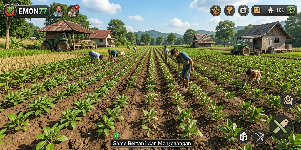 Screenshot gameplay EMON77 yang menunjukkan pengalaman bertani yang menawan.