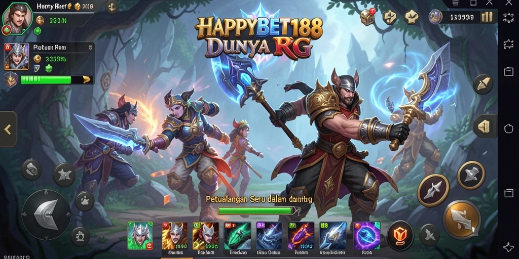 Screenshot utama HAPPYBET188 menunjukkan pertarungan epik di dunia RPG yang megah.