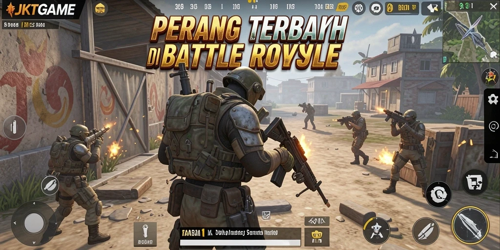 Screenshot utama JKTGAME menampilkan aksi seru dalam pertarungan Battle Royale.
