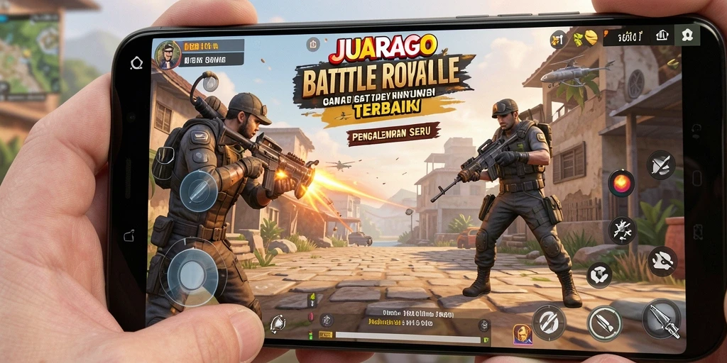 Screenshot JUARAGO menampilkan aksi pertempuran intens di medan perang Battle Royale.
