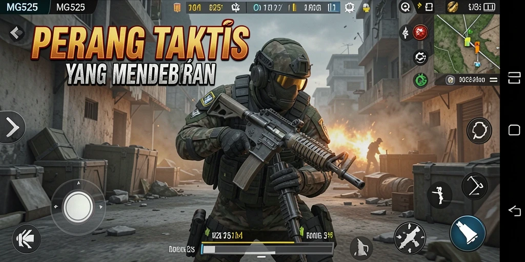 Screenshot gameplay MG525 menampilkan aksi tembak-menembak yang menegangkan.
