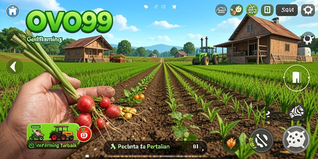 Tangkapan layar OVO99 menampilkan gameplay pertanian yang menyenangkan.