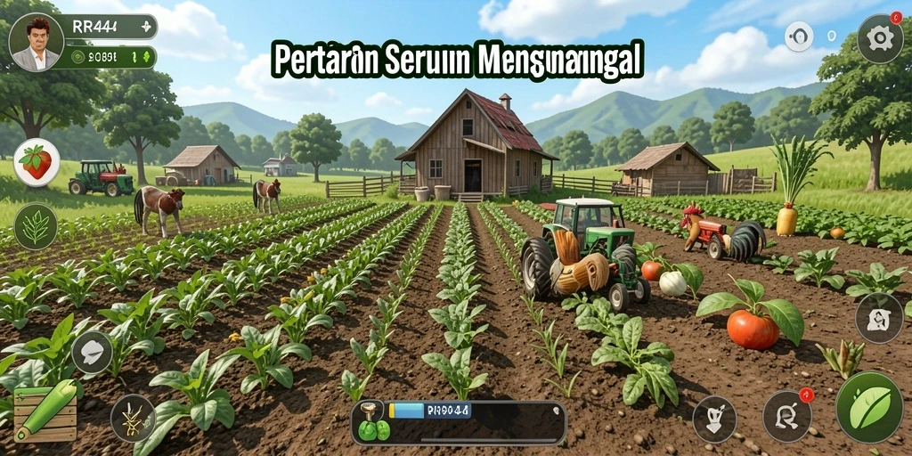 Screenshot gameplay RR44 dengan suasana pertanian yang menakjubkan.