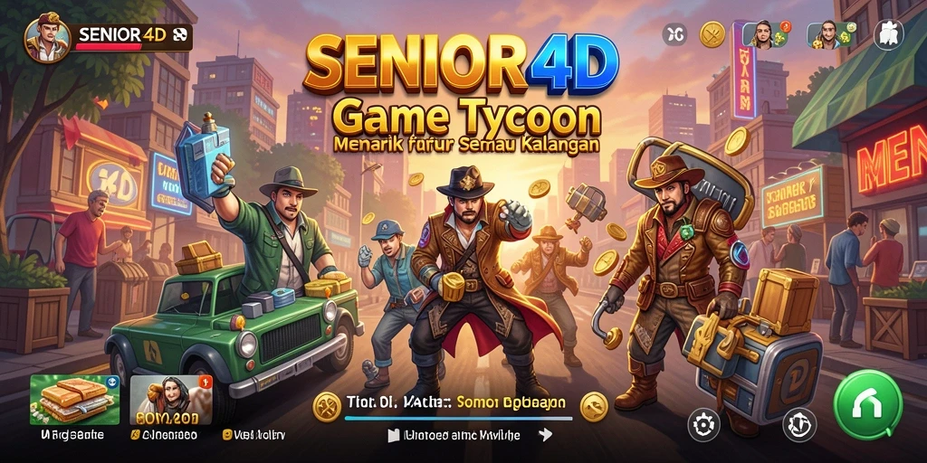 Tangkapan layar permainan SENIOR4D yang menunjukkan interaksi pengguna dan pengelolaan bisnis.