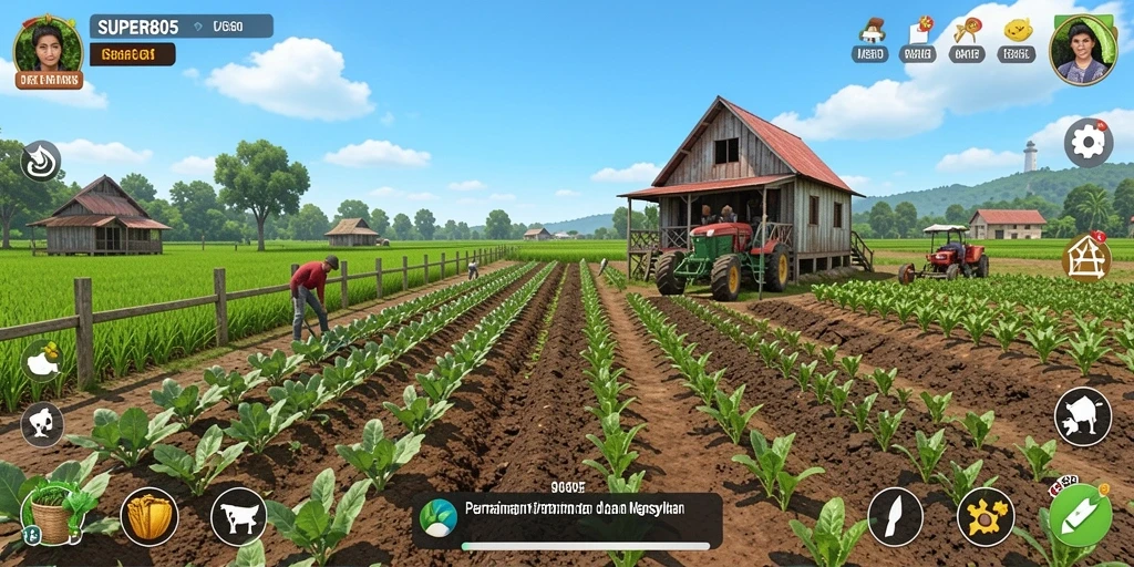 Tampilan gameplay SUPER805 dengan ladang yang subur dan hewan ternak lucu.