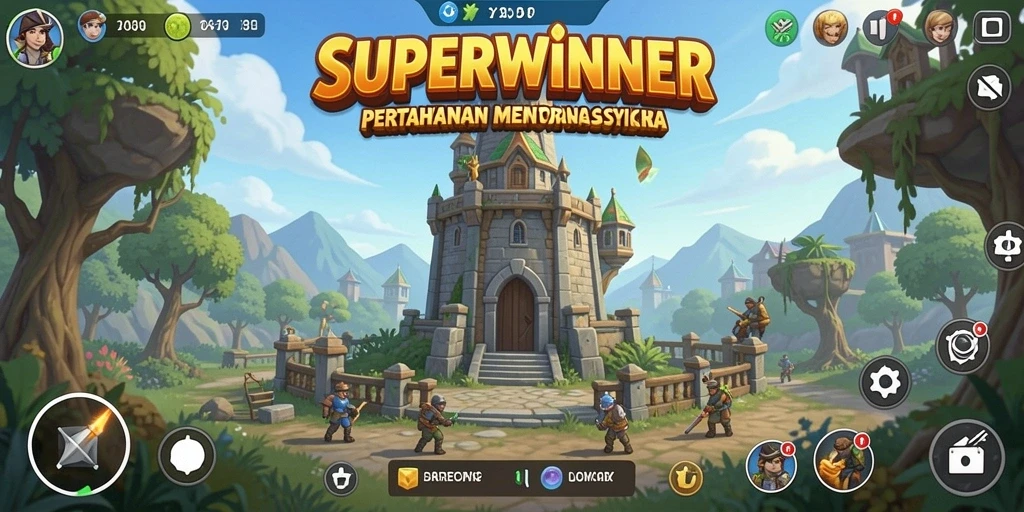 Screenshot gameplay SUPERWINNER dengan menara yang siap bertahan dari serangan musuh.