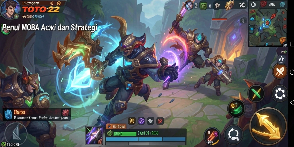 Screenshot gameplay TOTO22 menampilkan aksi pertempuran seru dalam arena MOBA.